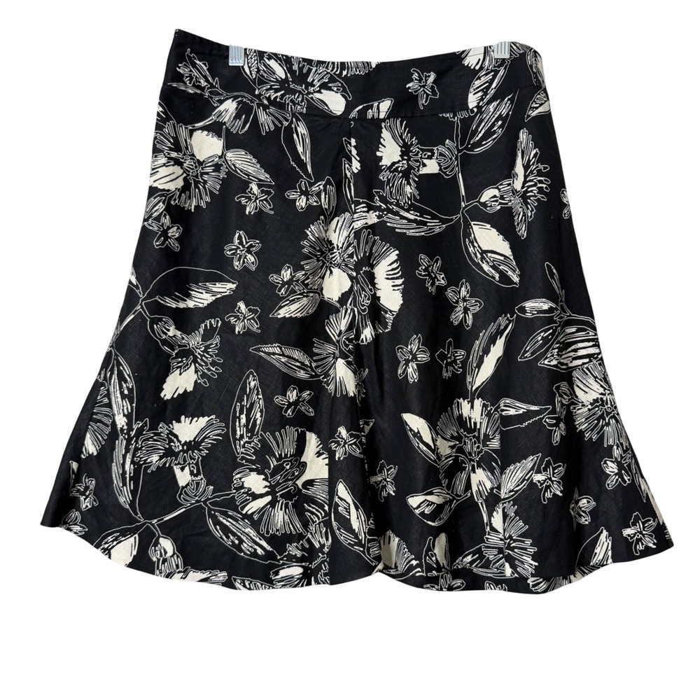 Merona 100% Linen Skirt‎ Womens 10 Black Floral A Line Preppy Mini Lined Preppy